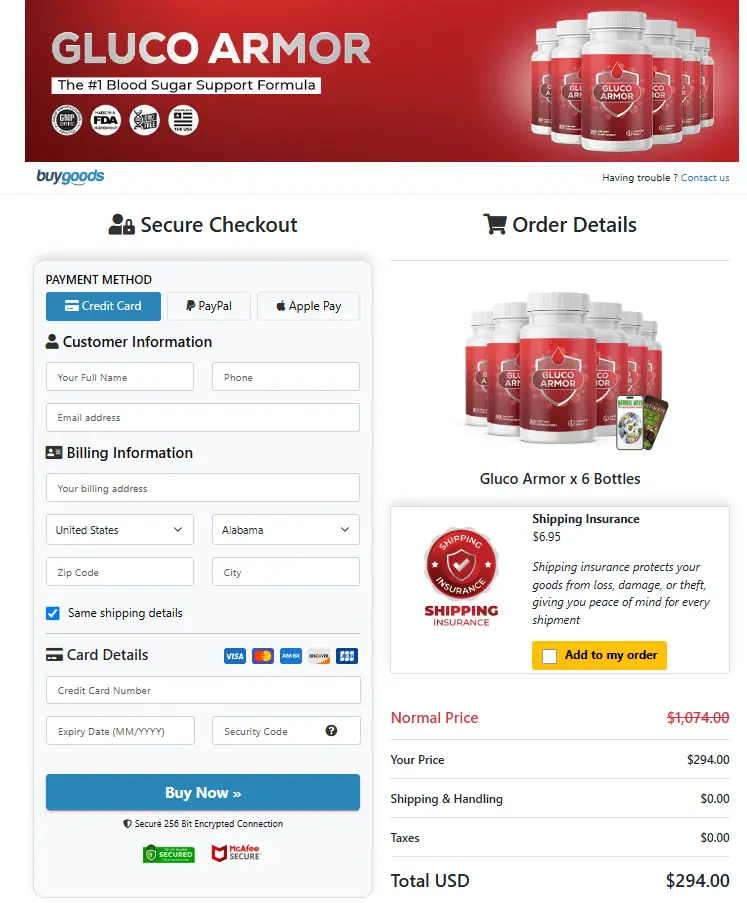 Gluco Armor order page